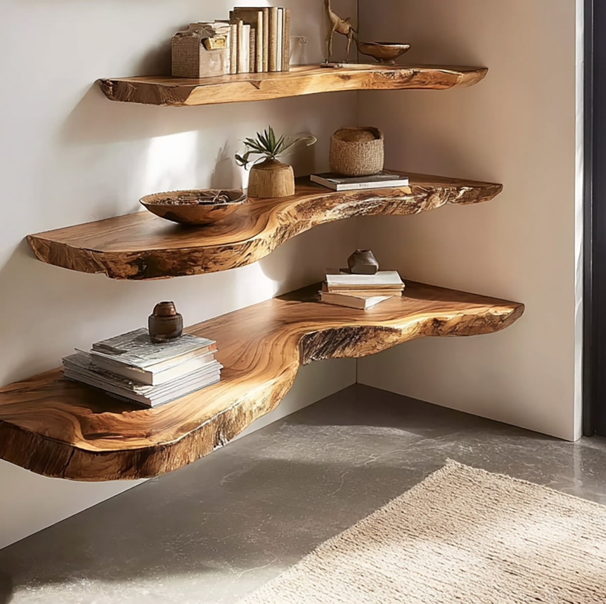 Rustic Floating Wall Shelf with Live Edge – Solid Walnut for Home Decor