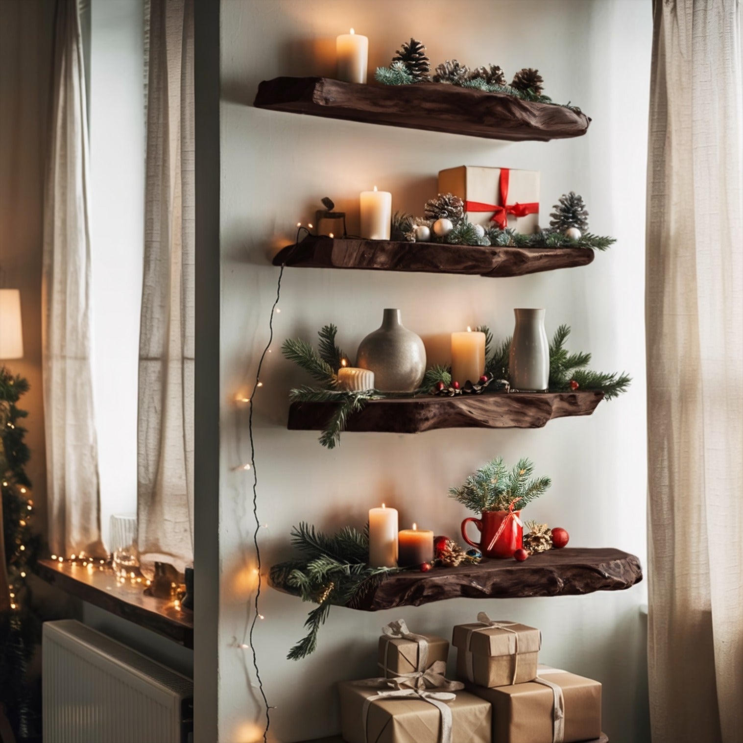 Rustic Floating Wall Shelf with Live Edge – Solid Walnut for Home Decor
